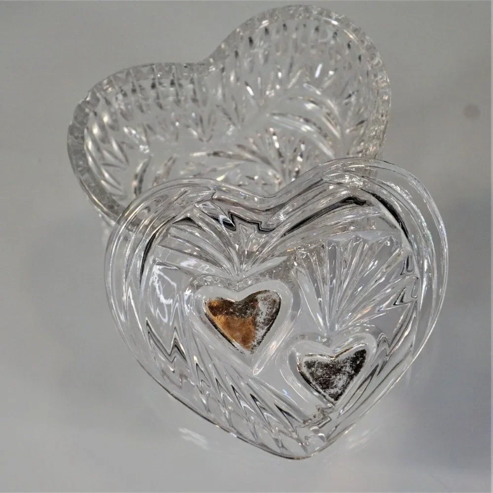 Vintage Trinket Dish Heart Shaped Starburst Crystal Cut Glass Jewelry Box
